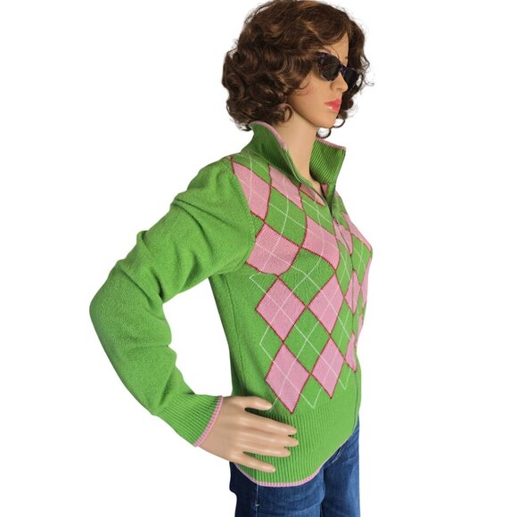 Vintage y2k Argyle Sweater Green Pink Wool Made In Italy Preppy Juniors Large - Picture 4 of 9